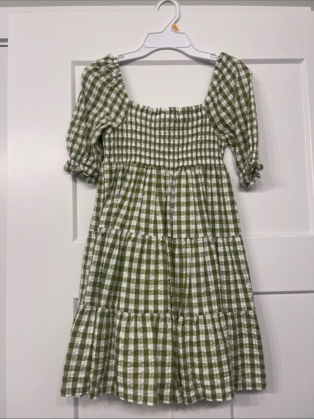 crown & ivy Olive Green Gingham Smocked Midi Dress